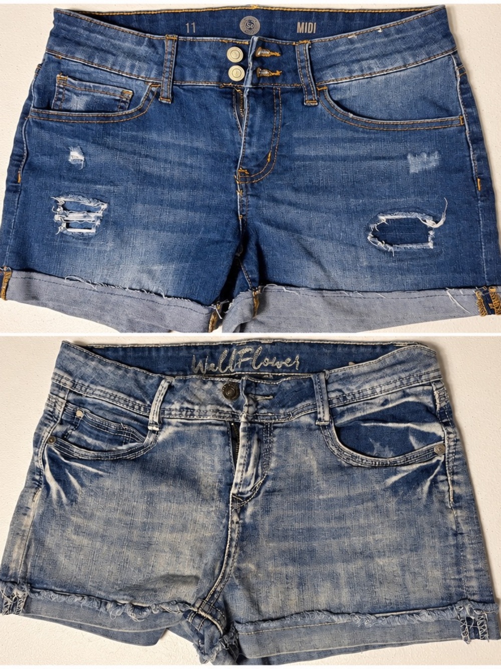 Wildflower and Midi Women’s Blue Distressed Denim Shorts